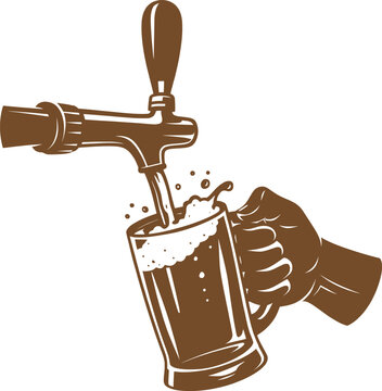 Beer Tap Pouring into Mug Vintage Retro Vector Illustration Bar Beverage Hand Drawn Style.