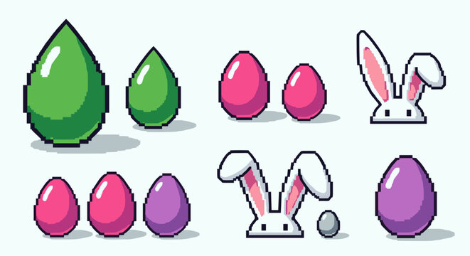 A collection of pixel art eggs and bunny ears in various colors, featuring green, pink, and purple elements, ideal for Easter-themed designs