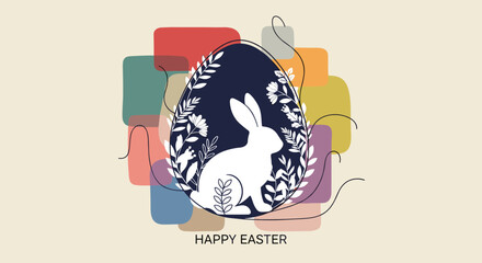 A colorful Easter egg with a rabbit silhouette and floral design in modern vector style, perfect for holiday greetings and decorations © vadymstock