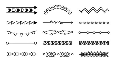 Fototapeta premium A collection of decorative line elements including arrows, curves, and zigzag patterns in minimalist black vector style, perfect for graphic design projects