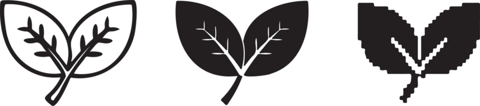 Three leaf icons in outline, filled, and pixelated styles. Includes two overlapping leaves with visible veins. Created in black and white.