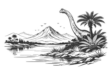 Giant Brachiosaurus Long Neck Dinosaur Standing by a Tropical Lake in Vintage Hand Drawn Engraving Vector Illustration Set. © Chairul