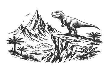 Fearsome Tyrannosaurus Rex Standing on a Rocky Cliff Overlooking a Mountain Landscape in Vintage Hand Drawn Vector Line Art Style. © Chairul