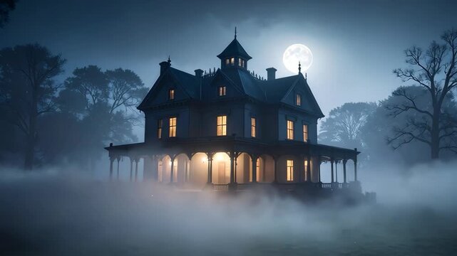 Spooky Victorian mansion with glowing windows under a full moon shrouded in fog