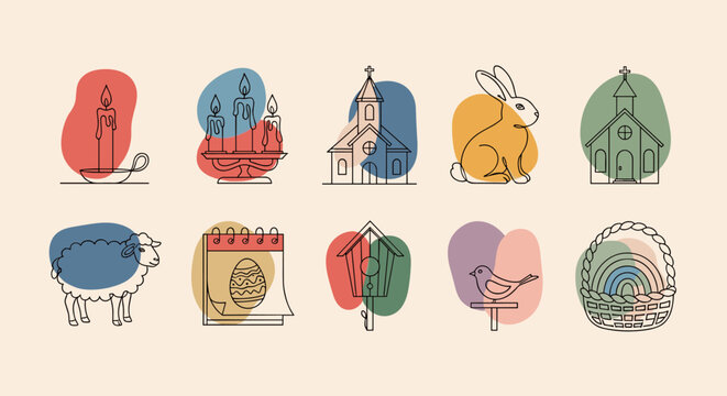 A collection of Easter-themed icons including candles, a church, a bunny, sheep, and a colorful basket in minimalist vector style, ideal for holiday decorations and greeting cards