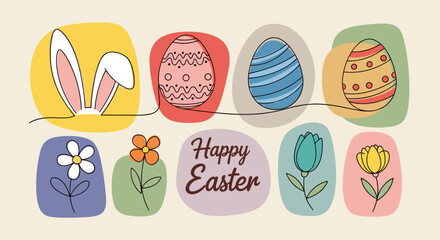 Fototapeta premium A colorful Easter illustration featuring a bunny, decorated eggs, and flowers in a modern vector style, perfect for holiday greetings and decor