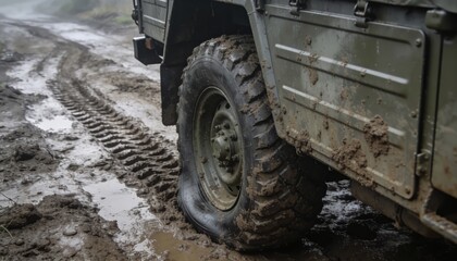 Fototapeta premium Military truck with flat tire close side view in mud showing wheel well and wet body panels