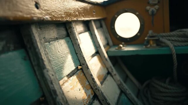 A close-up captures the weathered charm of a boat's interior. The aged wood and muted colors evoke a sense of nostalgia, ideal for travel blogs or mar