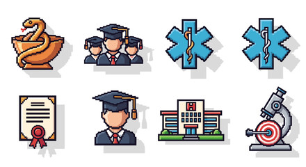 A set of healthcare and education icons including a caduceus, graduates, a diploma, a university, and a microscope in pixel art style, suitable for medical and academic themes