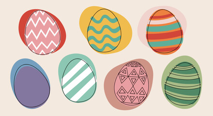 A collection of decorated Easter eggs in various colors and patterns in a modern vector style, perfect for spring-themed designs