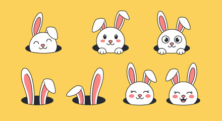 A set of cute rabbits popping out of holes in flat vector style, perfect for Easter-themed designs and children&rsquo;s illustrations