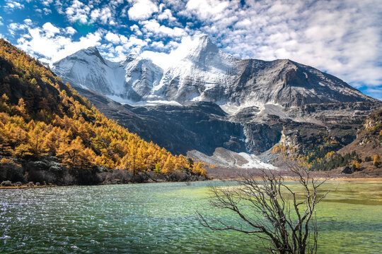view of autumn highland snow mountain of Yading Nature Reserve, snow-capped mountains, crystal clear lakes, vast grasslands, colorful forests, Shangri-La Town, Daocheng, Sichuan, China