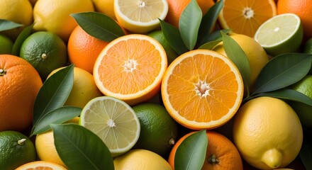 Vibrant citrus fruits with leaves and slices displayed