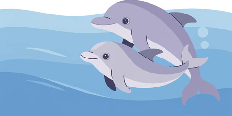 Obraz premium Two gray dolphins swimming together in the ocean with a calm sea and clear blue water