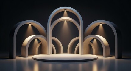 Modern product stage featuring a series of concrete arches illuminated by soft overhead spotlights.