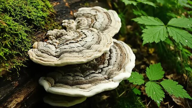 Bracket fungi exhibiting concentric bands growing on moss covered decaying wood in a forest setting