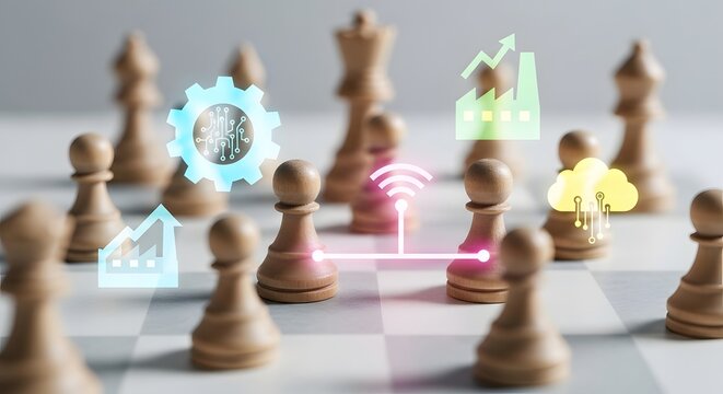 Strategic business growth and innovation represented by chess pieces and digital icons on a board