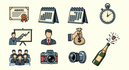 A collection of business and celebration icons including an award, calendar, stopwatch, and champagne bottle in flat modern vector style, perfect for corporate events and marketing materials