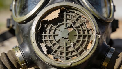 Fototapeta premium Gas mask with broken filter macro view of grille and damaged housing with strong texture detail