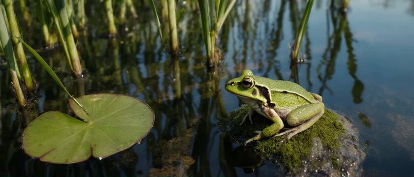 Wetland Habitat. Animal Habitats Around the World. Education / Environment. A frog sitting near water plants, set in a wetland pond environment, with a visual aesthetic that is fresh and bright
