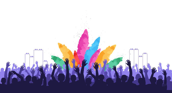 Colorful illustration of a lively music festival crowd with raised hands and vibrant powder colors against a city skyline background.