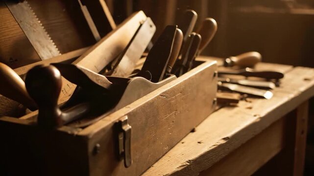 A warm, nostalgic image showcasing classic woodworking tools. Ideal for illustrating craftsmanship, heritage, DIY projects, or a rustic aesthetic. Evo