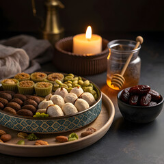 Ramadan dessert still life featuring platter of traditional sweets, dates, decorative accents