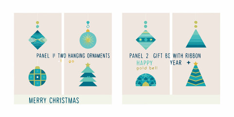 Four panels displaying colorful christmas ornaments and festive greetings © Suvro