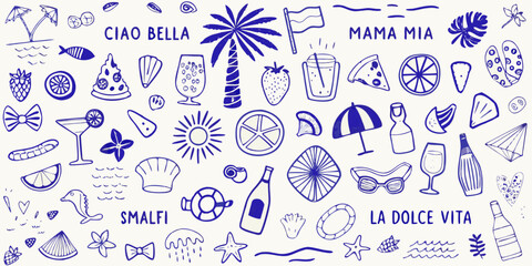 Italian summer themed doodles with food drinks and coastal elements © Suvro