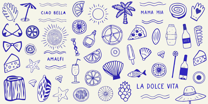 Italian summer themed doodles including food beach items and lettering