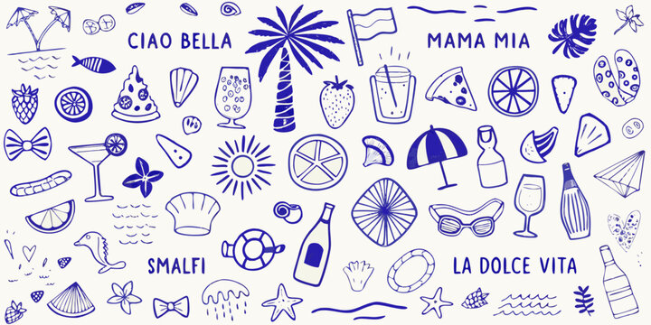 Italian summer themed doodles with food drinks and coastal elements
