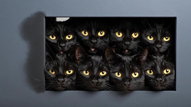 A tightly packed group of curious black cats with bright yellow eyes peering out
