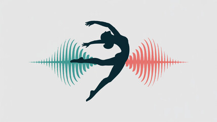 Dynamic dancer silhouette with colorful sound wave design elements on gray background conveying energy and movement
