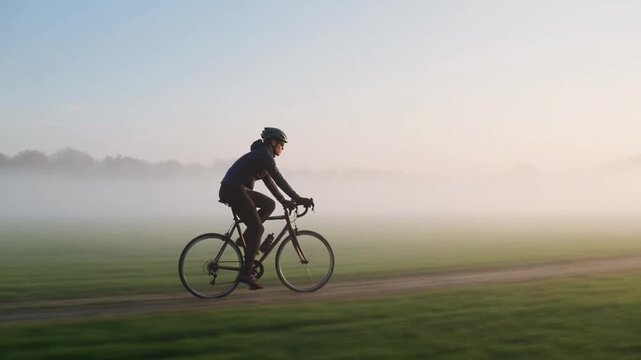 Road Cyclist in Morning Fog, Serene Outdoor Endurance Workout