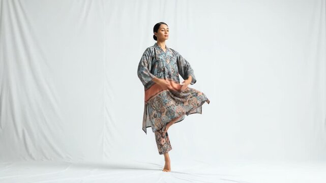 Graceful woman in flowing patterned outfit performs a contemporary dance in a bright studio.
