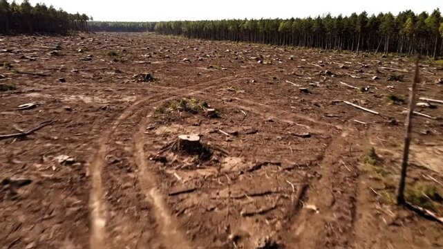 Top down cinematic aerial video of illegal logging area barren landscape filled with tree stumps broken trunks and heavy machinery tracks carved into soil clear visual boundary between cleared forest 