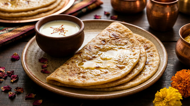 Aesthetic Puran Poli with Ghee and Milk &ndash; Traditional Maharashtrian Sweet Flatbread AI Image