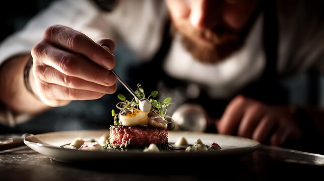 A chef garnishes a meticulously plated dish with precision in a dimly lit kitchen