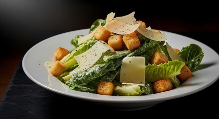 A classic Caesar salad with croutons and shaved parmesan, studio lighting, dark moody background.