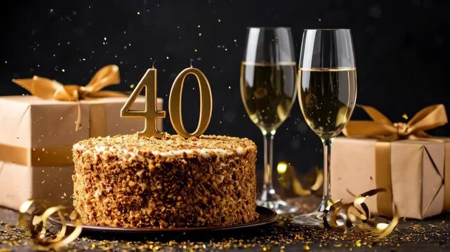 Fortieth birthday cake with candles, champagne, and gifts celebration