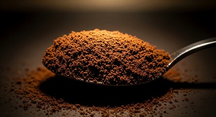 A close-up of coffee grounds, texture rich, a spoonful, studio light, dark moody background.