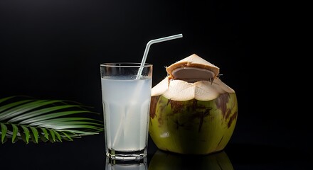 A coconut water with a straw, fresh coconut cut open, tropical, studio light, dark background.
