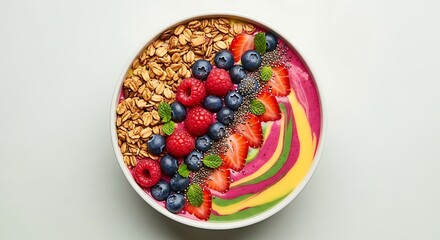 A colorful smoothie bowl topped with granola, berries, and chia seeds, studio light, top-down view.
