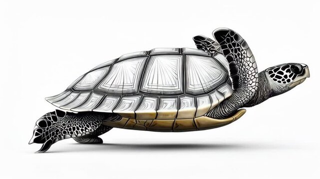 Detailed illustration of a stylized sea turtle with a patterned shell and fins raised against a white background