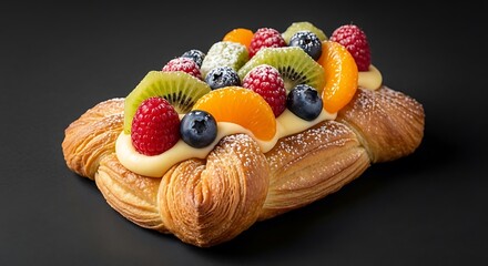 A Danish pastry with fruit and custard, flaky layers, studio light, black background, sharp focus.