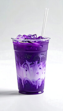 Hyper realistic Ube Matcha layered drink in a sturdy clear plastic cup. Isolated on white background, ultra detailed. Suitable for food and cafe menu.