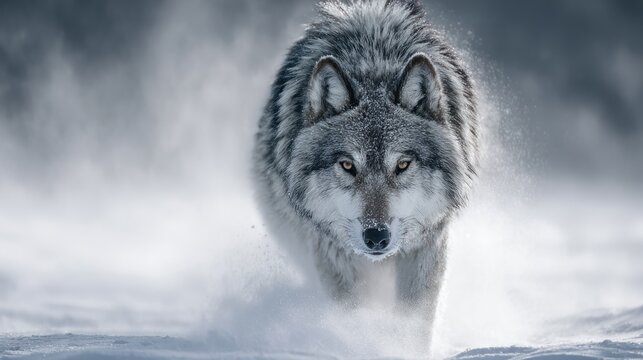 Majestic wolf walking through snow