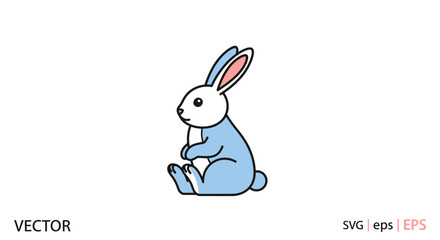 Fototapeta premium A blue cartoon rabbit sits cross-legged on a white background with its ears perked up in a vector illustration.