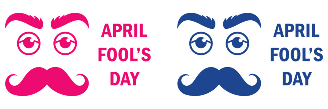April fools day icons with mustaches and eyebrows in pink and blue