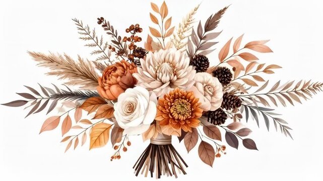 Boho Style Autumn Floral Arrangement with Roses Dahlias Pinecones and Pampas Grass